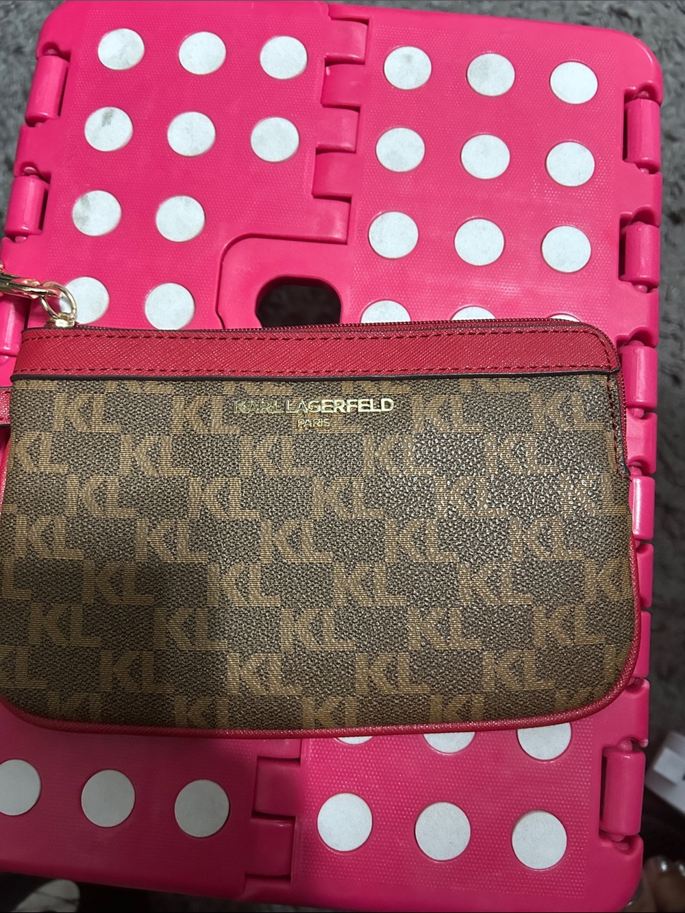 Karl Lagerfeld Brown Monogram Wristlet with Pink Trim